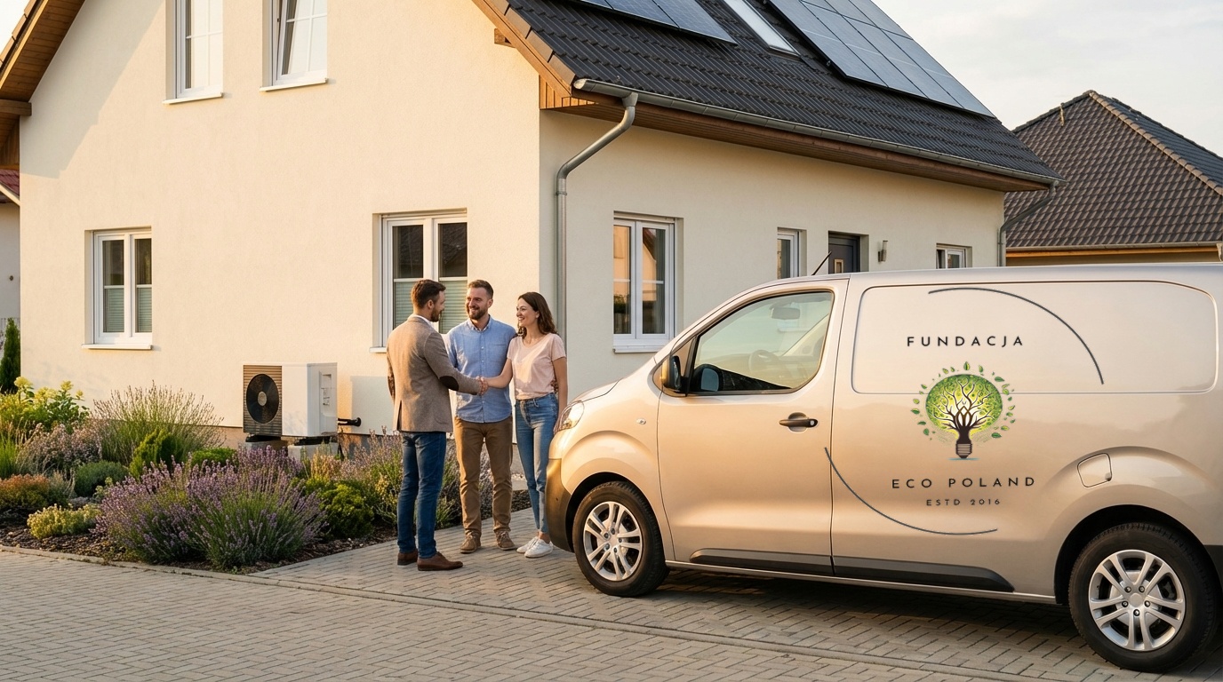 Przedstawiciel fundacji rozmawia z klientami przy odnowionym domu i samochodzie fundacji